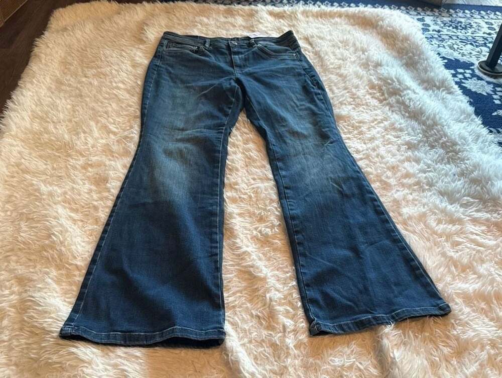 J.Jill Denim High-Rise Flare Jeans in Hudson Wash, Size 10 Petite